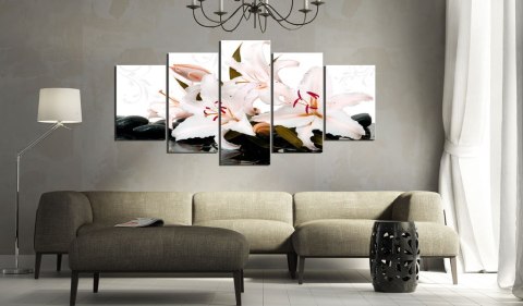 OBRAZ NA ŚCIANĘ DO SALONU, 100 x 50 cm, 5 CZĘŚCIOWY - Kamienie zen i lilie OBRAZ NA ŚCIANĘ DO SALONU, 100 x 50 cm, 5 CZĘŚCIOWY - Kamienie zen i lilie