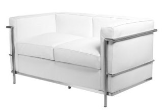 DWUOSOBOWA SOFA LC2, CHROMOWANY METAL, BIAŁA SKÓRA NATURALNA, EKSKLUZYWNA