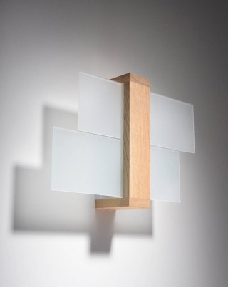 NOWOCZESNY DREWNIANY KINKIET ŚCIENNY, LAMPA ŚCIENNA, BIAŁE SZKŁO 30 CM, E27
