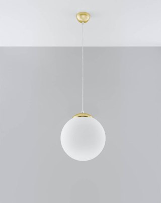 LAMPA WISZĄCA VELOCE, BIAŁA SZKLANA KULA, ZŁOTA, E27, 30CM, GLAMOUR, SALON