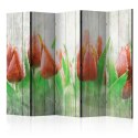 Parawan 5-częściowy - Czerwone tulipany na drewnie II