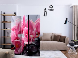 Parawan 3-częściowy - Kwiaty orchidei i kamień