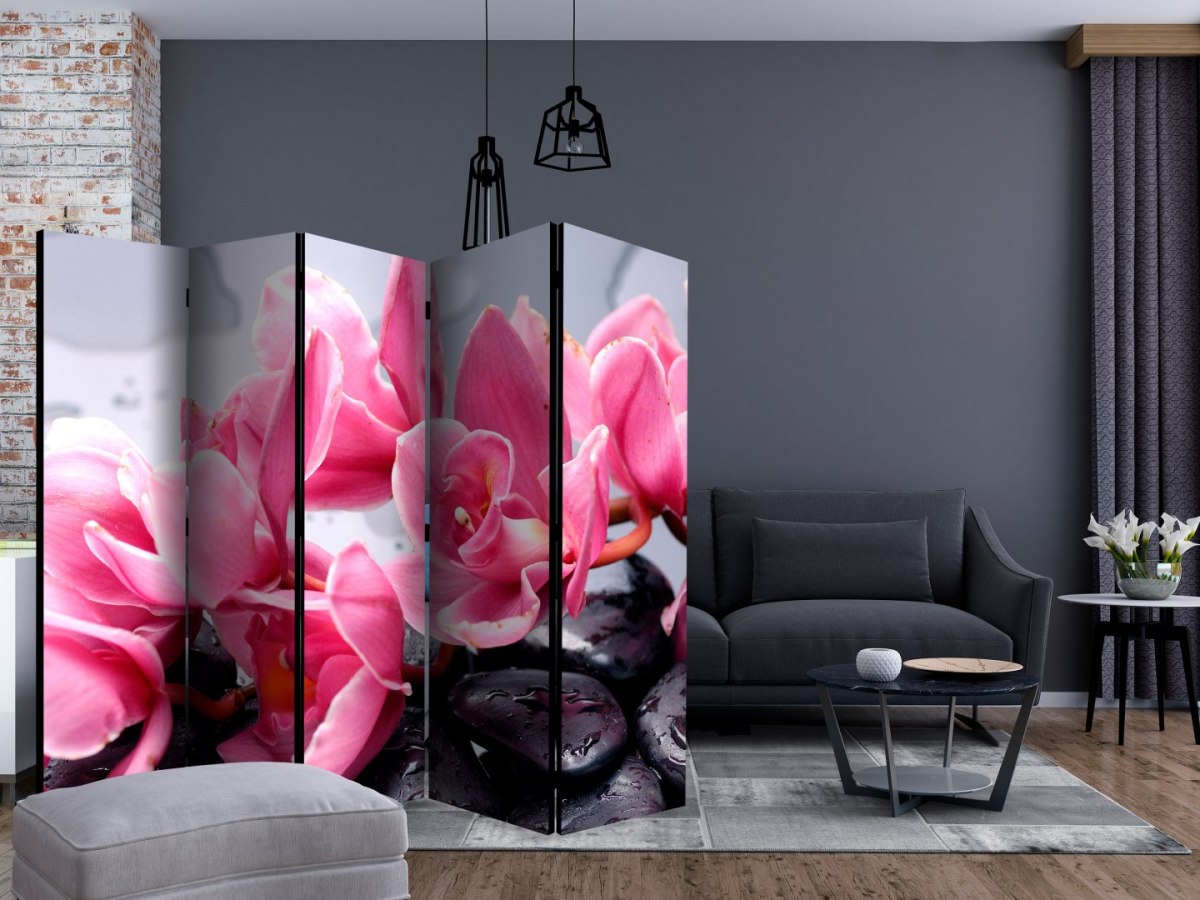 Parawan 5-częściowy - Kwiaty orchidei i kamienie zen II Parawan 5-częściowy - Kwiaty orchidei i kamienie zen II