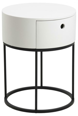NOWOCZESNA BIAŁA SZAFKA NOCNA, OKRĄGŁA, SZUFLADA, METALOWA PODSTAWA, 40 CM