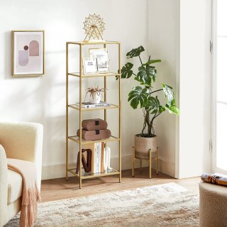 ZŁOTY REGAŁ GLAMOUR DO SALONU, SZKLANE PÓŁKI 124cm