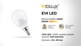 ŻARÓWKA LED E14 PRIMORDIA, 7,5W, 620LM, CIEPŁA BIEL, 3000K, DO SALONU