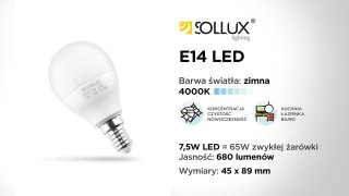 ŻARÓWKA LED E14, 7,5W, 680LM, ORIGINE, BIAŁA ZIMNA, 4000K, KULKA, G45
