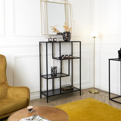 METALOWY CZARNY REGAŁ ZE SZKLANYMI PÓŁKAMI, LOFT, ELEGANCKI, 113 CM