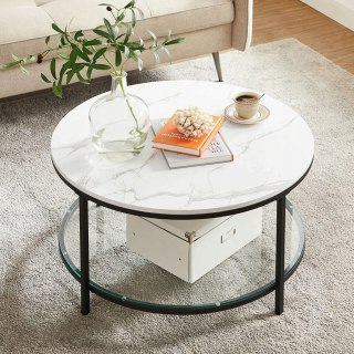 STOLIK KAWOWY VELOX, ŁAWA, OKRĄGŁY, BIAŁY MARMUR, LOFT, CZARNY, Z PÓŁKĄ