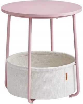 STOLIK KAWOWY OKRĄGŁY MODERNA, DO SALONU, LOFT, Z PÓŁKĄ, RÓŻOWY, BIAŁY 45CM