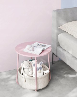 STOLIK KAWOWY OKRĄGŁY MODERNA, DO SALONU, LOFT, Z PÓŁKĄ, RÓŻOWY, BIAŁY 45CM