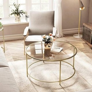 STOLIK KAWOWY OKRĄGŁY AURELIA, ZŁOTY, SZKLANY, DO SALONU, LOFT, LAWA, 84 CM