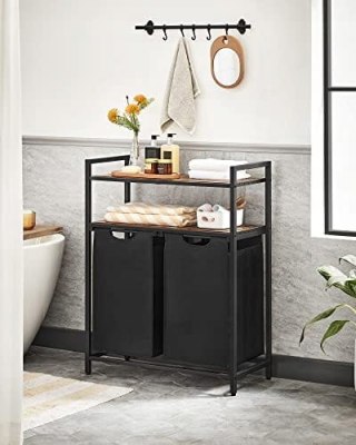 KOSZ NA PRANIE, BIELIZNĘ, RUSTIC, LOFT, DWUKOMOROWY, CZARNY, BRĄZ, 92L