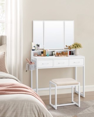 TOALETKA AMADIA, BIAŁY, STOLIK, ZESTAW, LOFT, 90 CM, Z LUSTREM, Z PÓŁKĄ