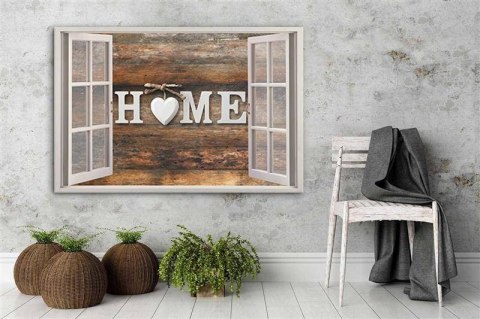 Obraz na płótnie - Widok z okna Napis Home na drewnie Obraz na płótnie - Widok z okna Napis Home na drewnie