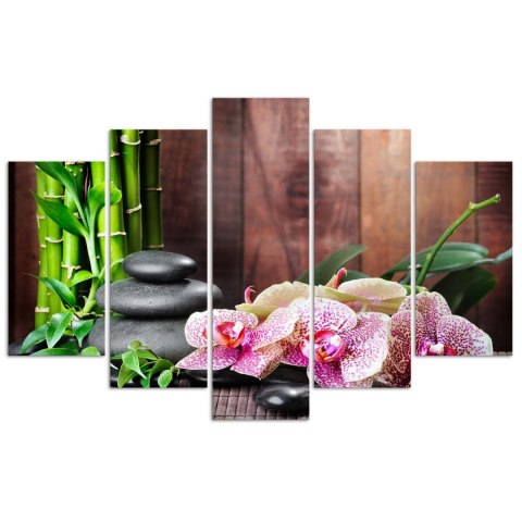 Obraz 5 częściowy na płótnie 100 x 70 cm - Kompozycja zen z orchideą i bambusem Obraz 5 częściowy na płótnie 100 x 70 cm - Kompozycja zen z orchideą i bambusem