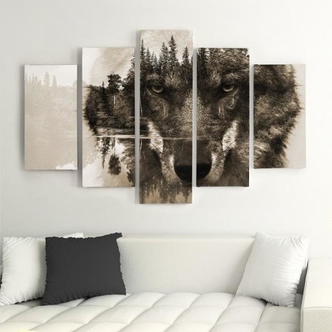 Obraz 5 częściowy na płótnie 100 x 70 cm - Wilk na tle lasu - brązowy Obraz 5 częściowy na płótnie 100 x 70 cm - Wilk na tle lasu - brązowy