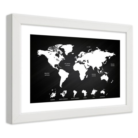Plakat w białej ramie - Kontrastowa mapa świata i kontynenty