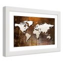 Plakat w białej ramie - Mapa świata na drewnie