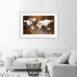 Plakat w białej ramie - Mapa świata na drewnie