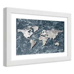 Plakat w białej ramie - Mapa świata na marmurze