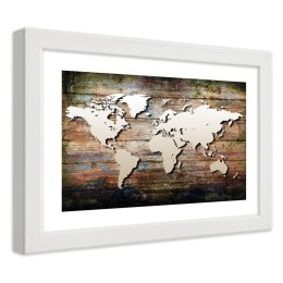 Plakat w białej ramie - Mapa świata na starych deskach