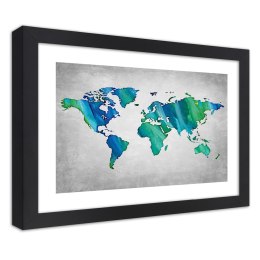 Plakat w czarnej ramie - Kolorowa mapa świata na betonie
