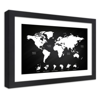 Plakat w czarnej ramie - Kontrastowa mapa świata i kontynenty