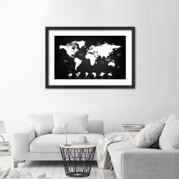 Plakat w czarnej ramie - Kontrastowa mapa świata i kontynenty
