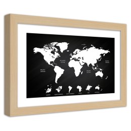 Plakat w drewnianej ramie - Kontrastowa mapa świata i kontynenty
