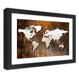 Plakat w czarnej ramie - Mapa świata na drewnie
