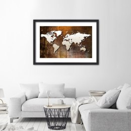 Plakat w czarnej ramie - Mapa świata na drewnie
