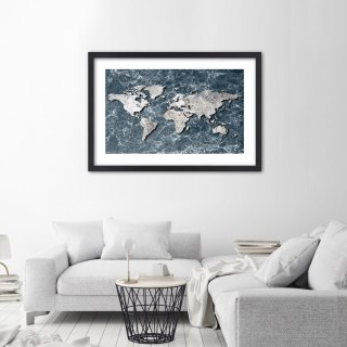 Plakat w czarnej ramie - Mapa świata na marmurze
