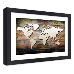 Plakat w czarnej ramie - Mapa świata na starych deskach