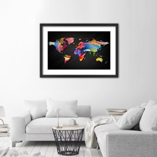 Plakat w czarnej ramie - Mapa świata w różnych kolorach