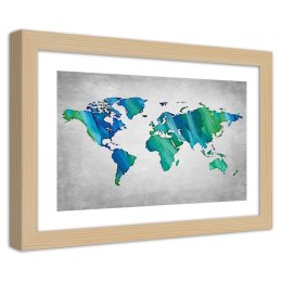 Plakat w drewnianej ramie - Kolorowa mapa świata na betonie