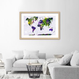 Plakat w drewnianej ramie - Malowana mapa świata