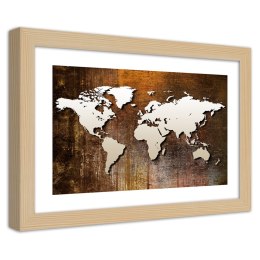 Plakat w drewnianej ramie - Mapa świata na drewnie