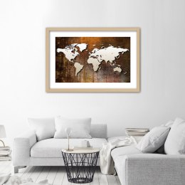 Plakat w drewnianej ramie - Mapa świata na drewnie