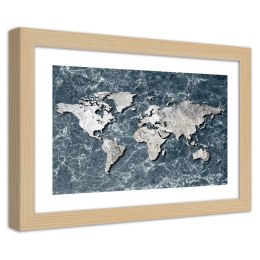 Plakat w drewnianej ramie - Mapa świata na marmurze