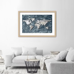Plakat w drewnianej ramie - Mapa świata na marmurze