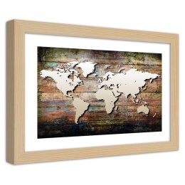 Plakat w drewnianej ramie - Mapa świata na starych deskach
