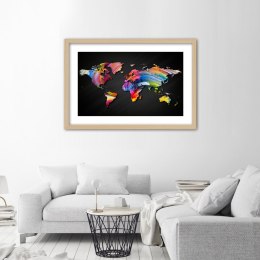 Plakat w drewnianej ramie - Mapa świata w różnych kolorach