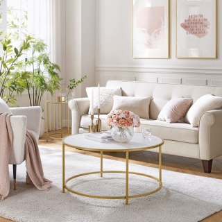 STOLIK KAWOWY AURELIA, LAWA, OKRĄGŁY, BIAŁY, ZŁOTY, LOFT, DO SALONU, 84 CM