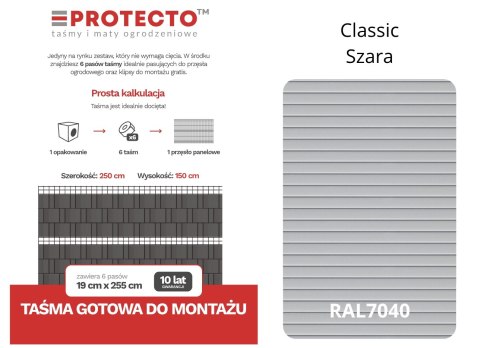 Taśma ogrodzeniowa PASKI 6 x 2,55mb CLASSIC 19cm PROTECTO SZARA + 12 klipsów GRATIS Taśma ogrodzeniowa PASKI 6 x 2,55mb CLASSIC 19cm PROTECTO SZARA + 12 klipsów GRATIS