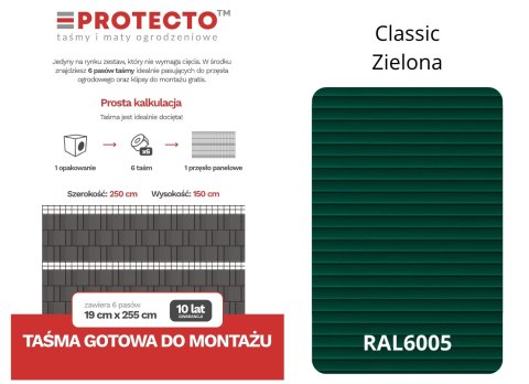 Taśma ogrodzeniowa PASKI 6 x 2,55mb CLASSIC 19cm PROTECTO ZIELONA + 12 klipsów GRATIS Taśma ogrodzeniowa PASKI 6 x 2,55mb CLASSIC 19cm PROTECTO ZIELONA + 12 klipsów GRATIS