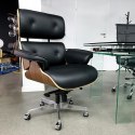 FOTEL LOUNGE BIUROWY, ORZECH, CZARNA SKÓRA NATURALNA, OBROTOWY, EKSKLUZYWNY