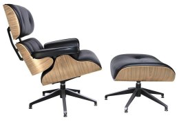 FOTEL LOUNGE, Z PODNÓŻKIEM, DREWNO JESIONOWE, CZARNA SKÓRA NATURALNA