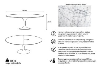 STÓŁ MARMUROWY OWALNY BIANCO CARRARA 200X120, JADALNIA, SALON, LUCENTE
