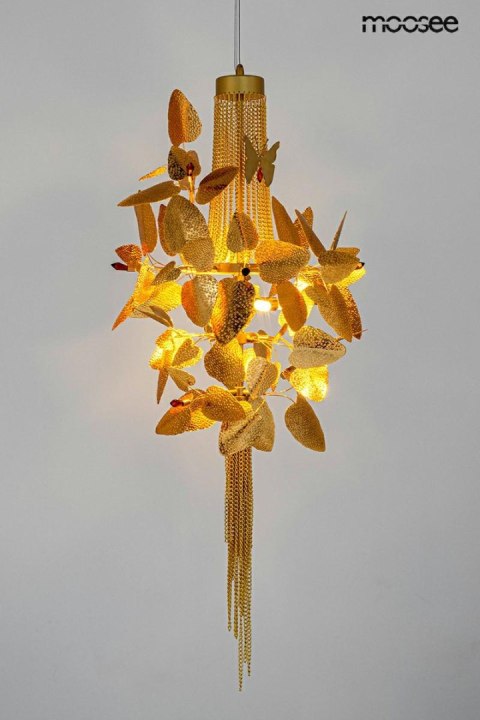 LAMPA WISZĄCA AURELIA, MOOSEE, ZŁOTA, KRYSZTAŁY, LIŚCIE, GLAMOUR, SALON